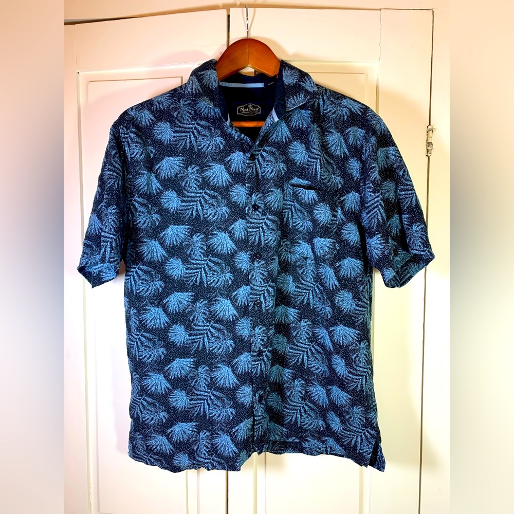 Nat Nast Shirt Men’s Medium Silk Blend Button Up Blue‎ Palm Trees Hawaiian